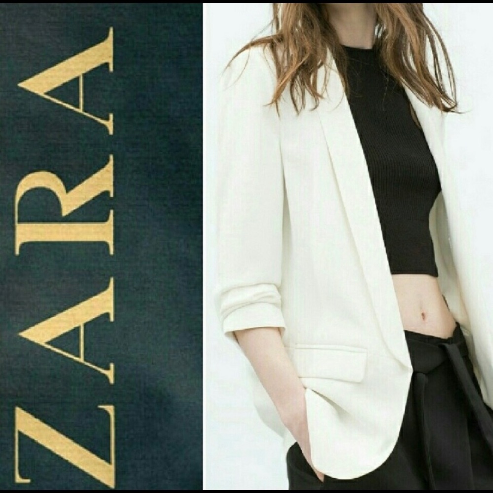 Zara 3/4 ruched sleeve white blazer